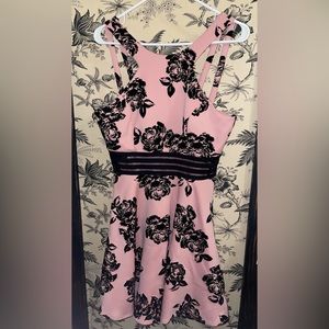 City Triangles- Black Velvet and Pink / Rose Gold floral Fit and Flare Dress